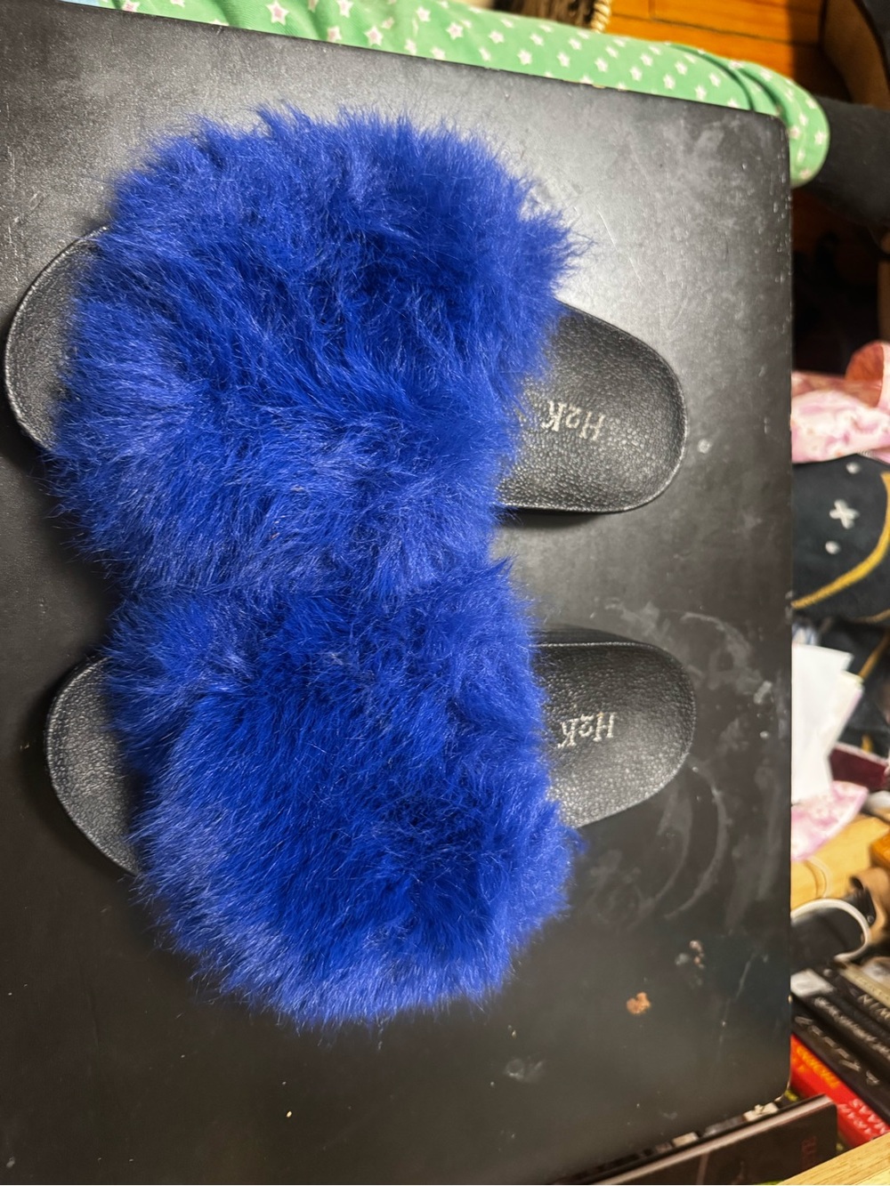 Blue Fuzzy Slide Sandals